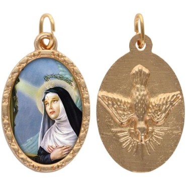 Médaille ovale métal doré, rebord torsadé, résine. H : 2,5 cm. Différents Saints disponibles.