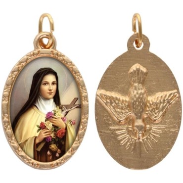 Médaille ovale métal doré, rebord torsadé, résine. H : 2,5 cm. Différents Saints disponibles.