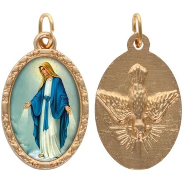 Médaille ovale métal doré, rebord torsadé, résine. H : 2,5 cm. Différents Saints disponibles.