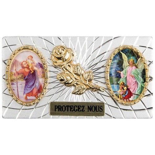 Plaque auto forme rectangle en alu striée H. 3 x 5,5 cm avec rose plus 2 résines, plusieurs saints.