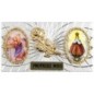 Plaque auto forme rectangle en alu striée H. 3 x 5,5 cm avec rose plus 2 résines, plusieurs saints.