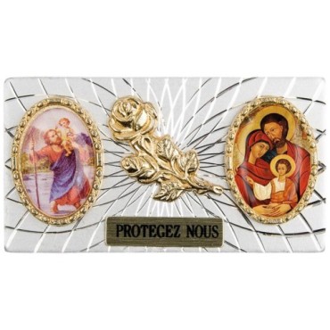 Plaque auto forme rectangle en alu striée H. 3 x 5,5 cm avec rose plus 2 résines, plusieurs saints.