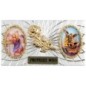 Plaque auto forme rectangle en alu striée H. 3 x 5,5 cm avec rose plus 2 résines, plusieurs saints.