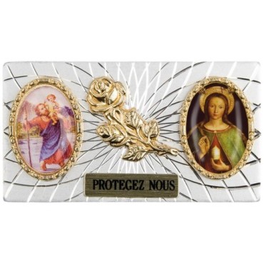 Plaque auto forme rectangle en alu striée H. 3 x 5,5 cm avec rose plus 2 résines, plusieurs saints.