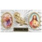 Plaque auto forme rectangle en alu striée H. 3 x 5,5 cm avec rose plus 2 résines, plusieurs saints.