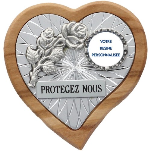 Plaque auto en bois d’olivier forme coeur avec rose- H 4 x 4 cm- Différents Saints-
