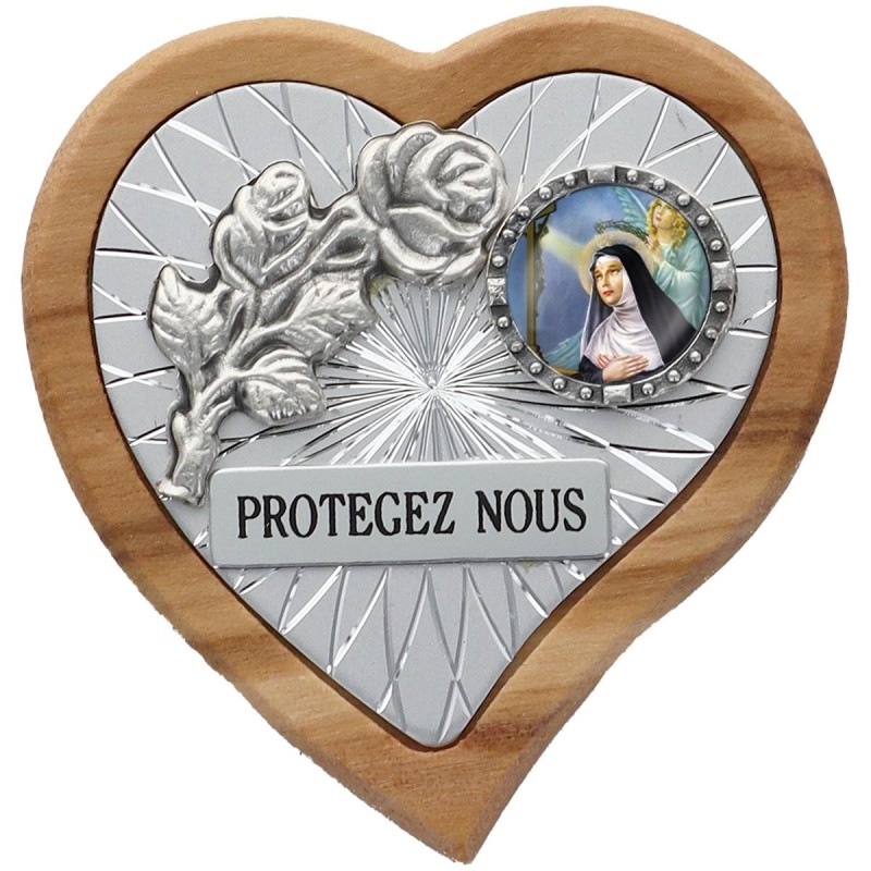 Plaque auto en bois d’olivier forme coeur avec rose- H 4 x 4 cm- Différents Saints-