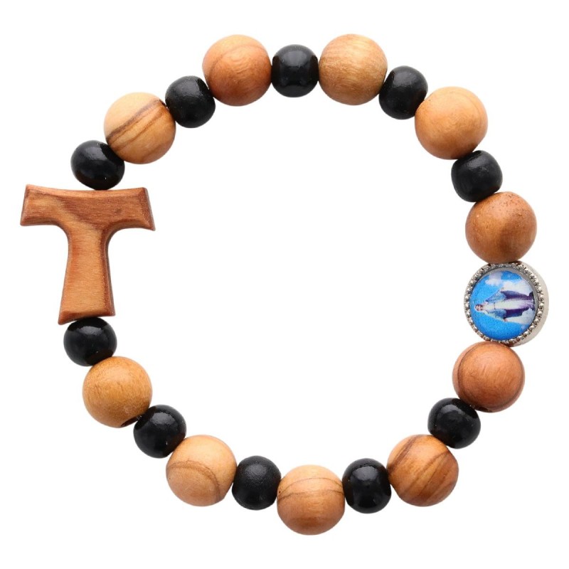 Bracelet sur élastique en bois avec grains marron et noir, Ø 10 mm / 7 mm, avec croix de Taux
