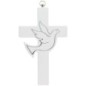 Croix à suspendre en bois avec colombe argentée. H. 14.5 cm