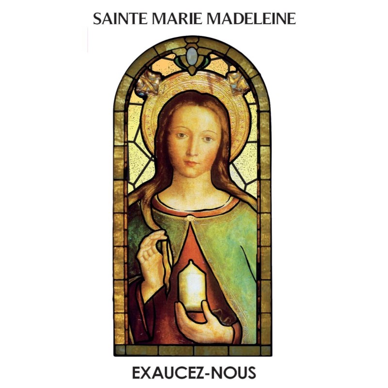 Autocollant Transparent vitrail de saint avec priere H. 10.5 x 6.5 cm pour bougie de neuvaine.