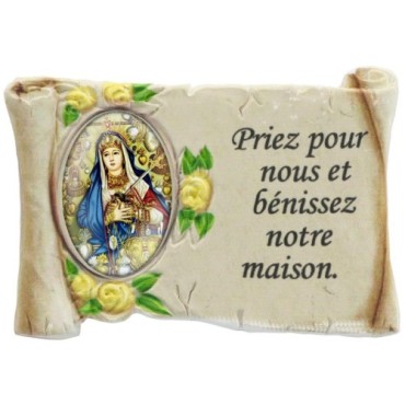 Magnet en résine ton pierre H. 5 x 7 cm, avec prière pour la maison et résine, plusieurs saints.