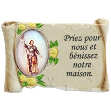 Magnet en résine ton pierre H. 5 x 7 cm, avec prière pour la maison et résine, plusieurs saints.