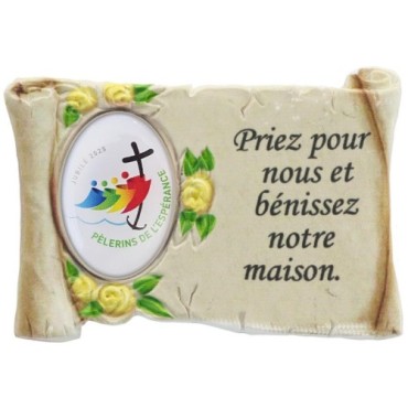 Magnet en résine ton pierre H. 5 x 7 cm, avec prière pour la maison et résine, plusieurs saints.