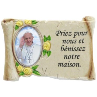 Magnet en résine ton pierre H. 5 x 7 cm, avec prière pour la maison et résine, plusieurs saints.