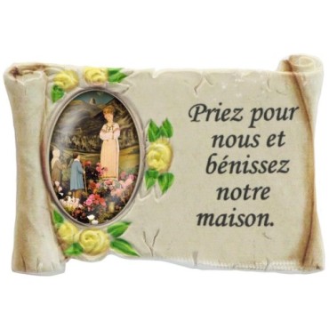 Magnet en résine ton pierre H. 5 x 7 cm, avec prière pour la maison et résine, plusieurs saints.