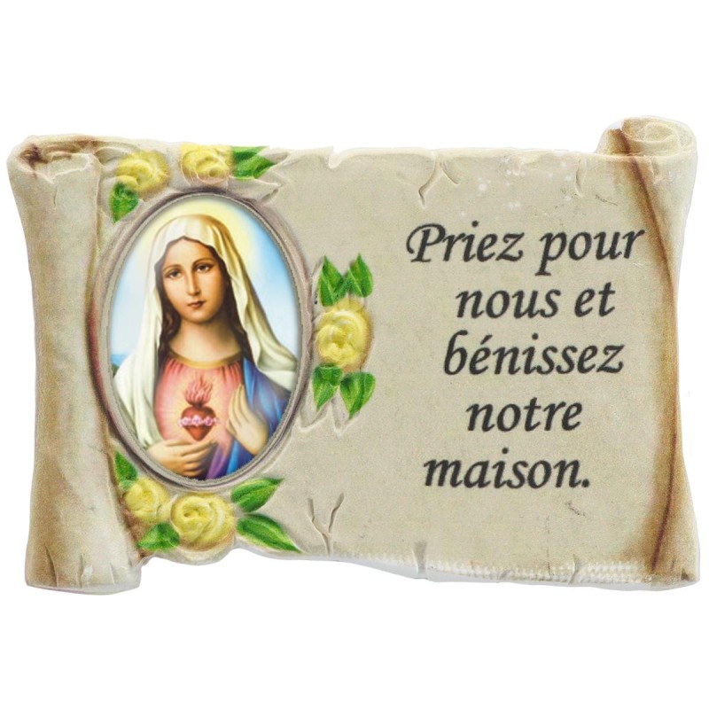Magnet en résine ton pierre H. 5 x 7 cm, avec prière pour la maison et résine, plusieurs saints.