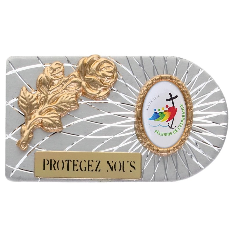 Plaque auto rectangle en aluminium strie, dimensions 2,4 x 4 cm, ornee d une rose. Differents Saints