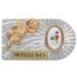 Plaque auto rectangle en aluminium strie, dimensions 2,4 x 4 cm, ornee d une rose. Differents Saints
