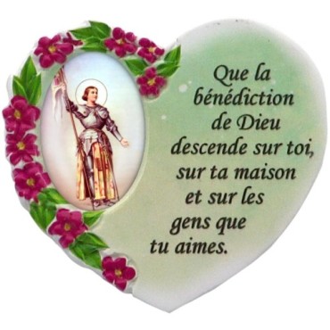Magnet en résine en forme de coeur H. 6 x 6.5 cm, avec prière pour la maison et résine de diiférents Saints.