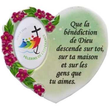 Magnet en résine en forme de coeur H. 6 x 6.5 cm, avec prière pour la maison et résine de diiférents Saints.
