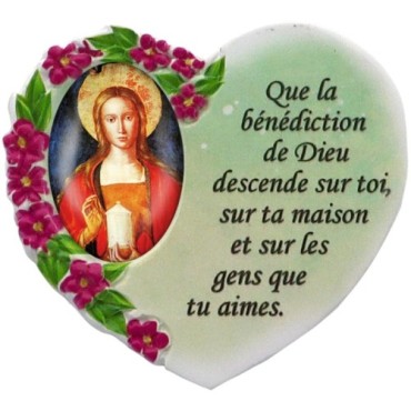 Magnet en résine en forme de coeur H. 6 x 6.5 cm, avec prière pour la maison et résine de diiférents Saints.
