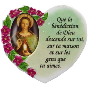 Magnet en résine en forme de coeur H. 6 x 6.5 cm, avec prière pour la maison et résine de diiférents Saints.