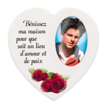 Magnet en bois avec prière forme coeur H 5 cm. Disponible avec différents Saints.