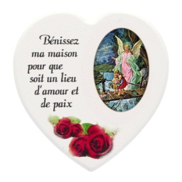 Magnet en bois avec prière forme coeur H 5 cm. Disponible avec différents Saints.