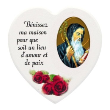 Magnet en bois avec prière forme coeur H 5 cm. Disponible avec différents Saints.