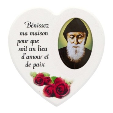 Magnet en bois avec prière forme coeur H 5 cm. Disponible avec différents Saints.