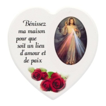 Magnet en bois avec prière forme coeur H 5 cm. Disponible avec différents Saints.
