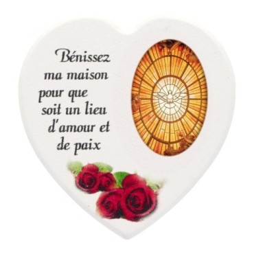 Magnet en bois avec prière forme coeur H 5 cm. Disponible avec différents Saints.