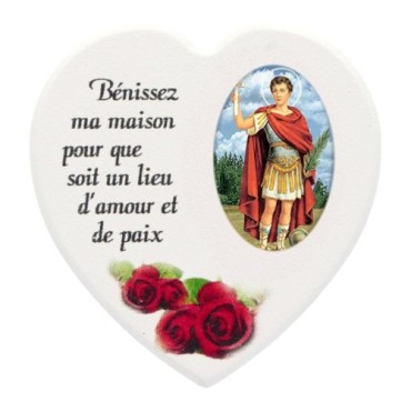 Magnet en bois avec prière forme coeur H 5 cm. Disponible avec différents Saints.