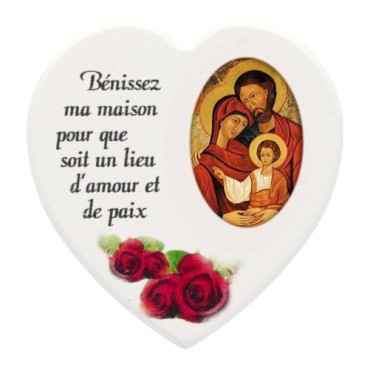 Magnet en bois avec prière forme coeur H 5 cm. Disponible avec différents Saints.