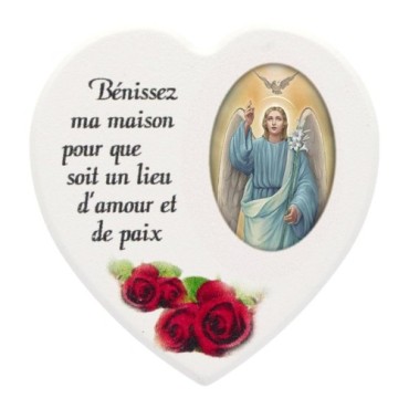 Magnet en bois avec prière forme coeur H 5 cm. Disponible avec différents Saints.