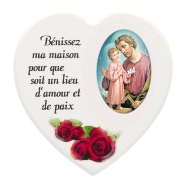 Magnet en bois avec prière forme coeur H 5 cm. Disponible avec différents Saints.