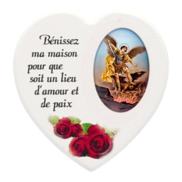 Magnet en bois avec prière forme coeur H 5 cm. Disponible avec différents Saints.