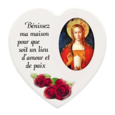 Magnet en bois avec prière forme coeur H 5 cm. Disponible avec différents Saints.