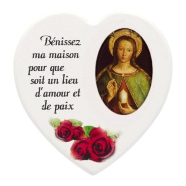 Magnet en bois avec prière forme coeur H 5 cm. Disponible avec différents Saints.