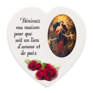 Magnet en bois avec prière forme coeur H 5 cm. Disponible avec différents Saints.
