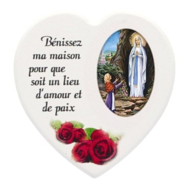 Magnet en bois avec prière forme coeur H 5 cm. Disponible avec différents Saints.