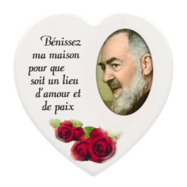 Magnet en bois avec prière forme coeur H 5 cm. Disponible avec différents Saints.