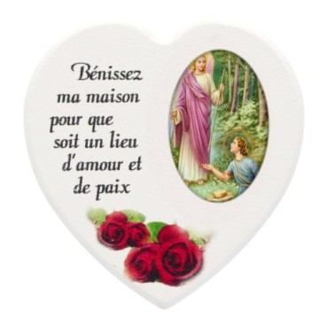 Magnet en bois avec prière forme coeur H 5 cm. Disponible avec différents Saints.