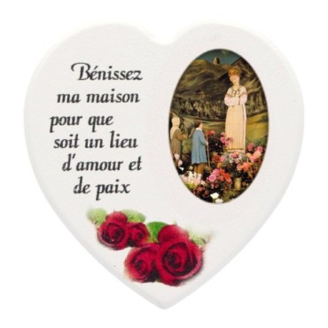 Magnet en bois avec prière forme coeur H 5 cm. Disponible avec différents Saints.