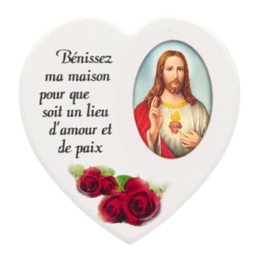 Magnet en bois avec prière forme coeur H 5 cm. Disponible avec différents Saints.