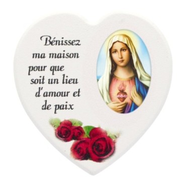 Magnet en bois avec prière forme coeur H 5 cm. Disponible avec différents Saints.