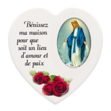 Magnet en bois avec prière forme coeur H 5 cm. Disponible avec différents Saints.