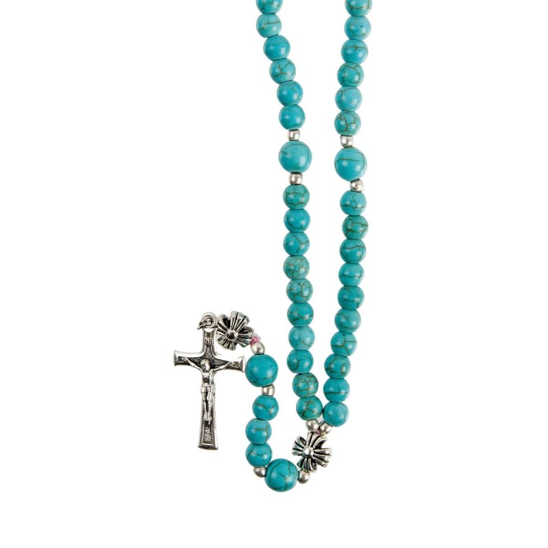 Chapelet sur corde grains en pierre naturelle Ø 7 mm, longueur au cœur 17 cm, croix avec Christ. Livree en boite.