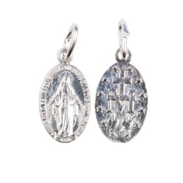 Medaille alliage metal/aluminium couleur argentee de la Vierge Miraculeuse inscription en Francais, plusieurs tailles.