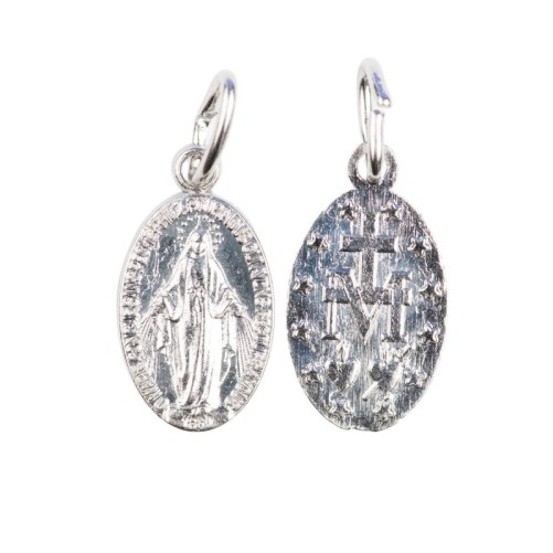 Medaille alliage metal/aluminium couleur argentee de la Vierge Miraculeuse inscription en Francais, plusieurs tailles.